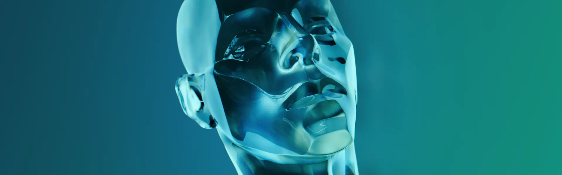 Abstract render of a translucent glass head on a teal gradient background